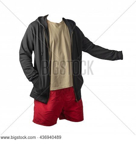 Black Sweatshirt With Iron Zipper Hoodie,biige T-shirt And Red Sports Shorts Isolated On White Backg