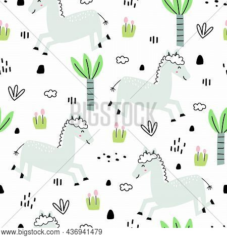 Cute Seamless Pattern For Kids Animal Cartoon Background With Horses And Trees Children's Style Hand