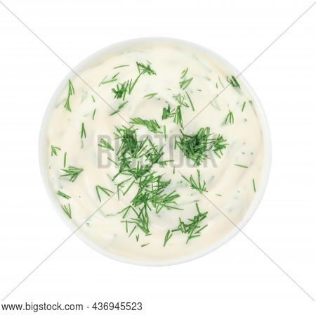 Tasty Creamy Dill Sauce In Bowl Isolated On White, Top View