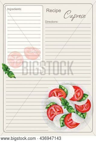 Recipe Illustration. Blank Recipe Caprese Salad. Italian Cuisine