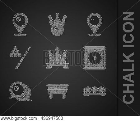 Set Bowling Pin, Billiard Table, Balls On Stand, Chalk, Cue, Location With Bowling And Billiard Icon