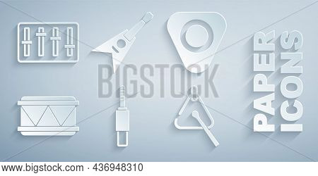 Set Audio Jack, Guitar Pick, Drum, Triangle, Electric Bass Guitar And Sound Mixer Controller Icon. V