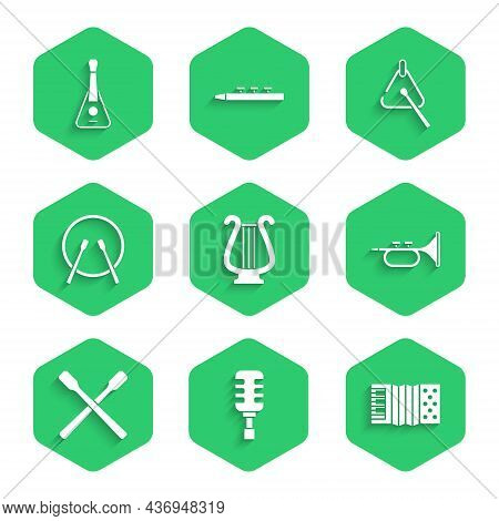Set Ancient Lyre, Microphone, Accordion, Trumpet, Drum Sticks, And Drum, Triangle And Guitar Icon. V