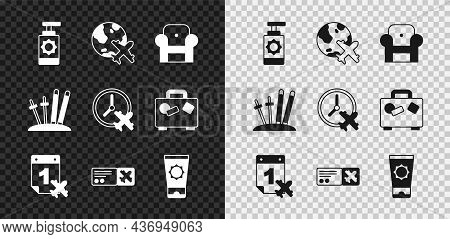 Set Sunscreen Spray Bottle, Globe With Flying Plane, Armchair, Calendar And Airplane, Airline Ticket