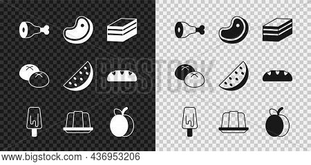 Set Chicken Leg, Steak Meat, Piece Of Cake, Ice Cream, Jelly, Plum Fruit, Bread Loaf And Watermelon 