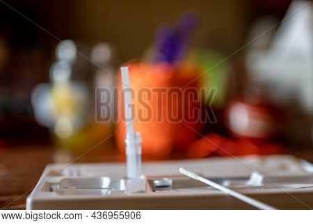 Selective Focus On Swab Of An At Home Rapid Covid Test Kit