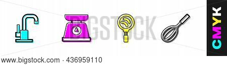 Set Water Tap, Scales, Frying Pan And Kitchen Whisk Icon. Vector