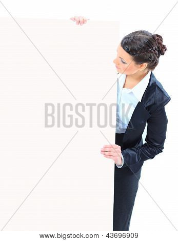 Beautiful business woman with a white banner