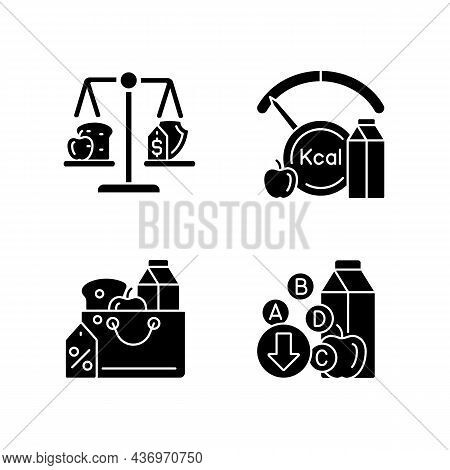 Insufficient Food Consumption Black Glyph Icons Set On White Space. Malnutrition And Hunger Issue. G