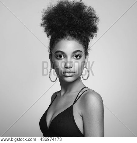 Beautiful Smiling Girl With Curly Hairstyle Stock Photo Women, African Ethnicity, Fashion Model, One