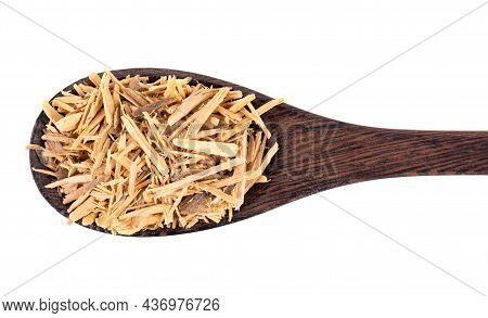 Muira Puama Herbal Tea In Wooden Spoon, Isolated On White Background. Natural Potency Wood, Medicina