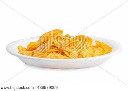 Potato Chips, Delicious Bbq Seasoning Spicy For Crips, Thin Slice Deep Fried Snack Fast Food In Plat