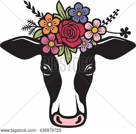 Cow Head With Flowers Color Vector Illustration