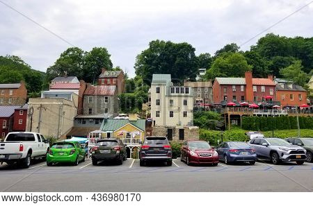 Harpers Ferry, Virginia, U.s.a - June 19, 2021- The Parking Lot In Town By The Railway Station