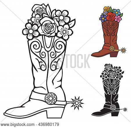 Cowboy Boots With Flowers, Color Vector Illustration