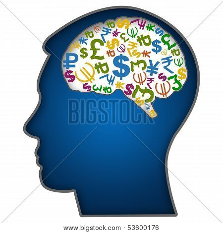 Human Face with Currency Symbols in Brain
