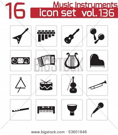 Vector black music instruments icons set white background