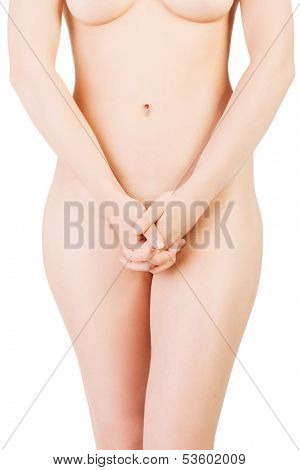 Woman's naked body. Front view. Closeup. Isolated on white. 