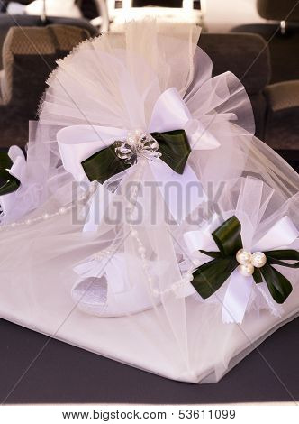 Weding decoration  of bridal shoes  on celebration place