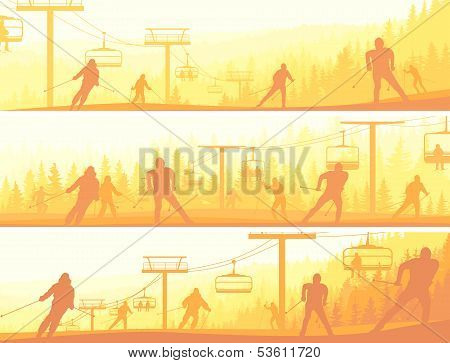 Horizontal Banners Of Skiers In Morning Hills Coniferous Forest.