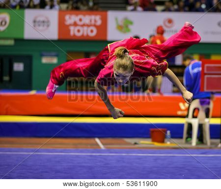 KUALA LUMPUR - NOV 03: Temna Liudmyla of Ukraine shows her fighting style in the 'changquan compulsory' event at the 12th World Wushu Championship on November 03, 2013 in Kuala Lumpur, Malaysia.
