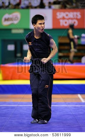 KUALA LUMPUR - NOV 03: Cedric Chung of Australia shows his fighting style in the 'nan quan compulsory' event at the 12th World Wushu Championship on November 03, 2013 in Kuala Lumpur, Malaysia.