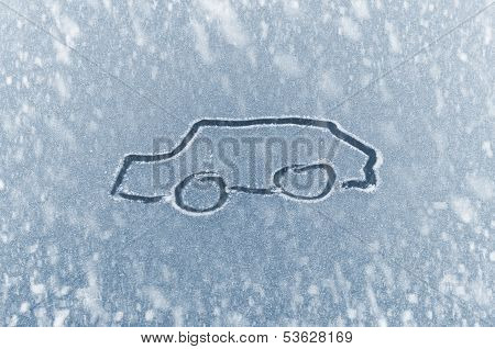 Winter driving - sketched car on a windshield