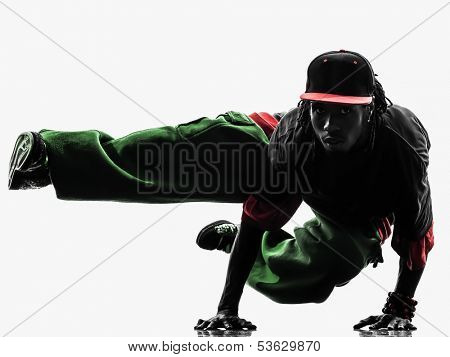 one hip hop acrobatic break dancer breakdancing young man handstand silhouette white background
