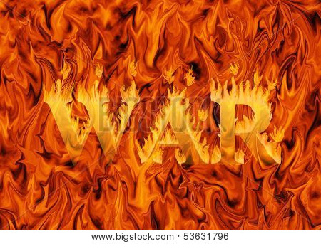 Word war engulfed in flames on infernal background - concept of destruction and danger of war