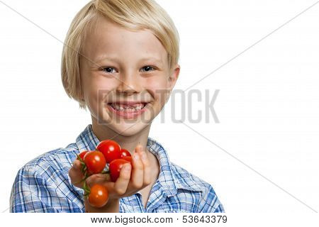Cute Boy Holding Bunch Of Tomatoes