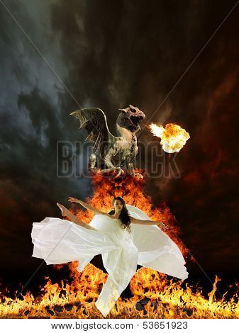 Glamour woman in white  dress and dragon