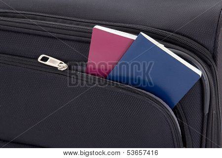 Black Travel Suitcase And Two Passports