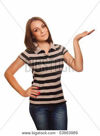 portrait woman happy young  showing open hand holding in isolate