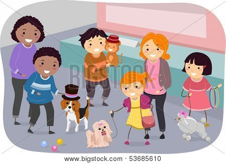 Illustration of a Family Showing Off Their Pets at a Pet Show