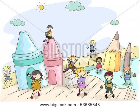 Doodle Illustration Featuring Kids Playing Around Giant Crayons