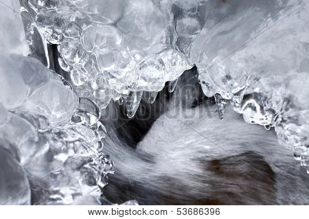 Ice background of a small stream in winter