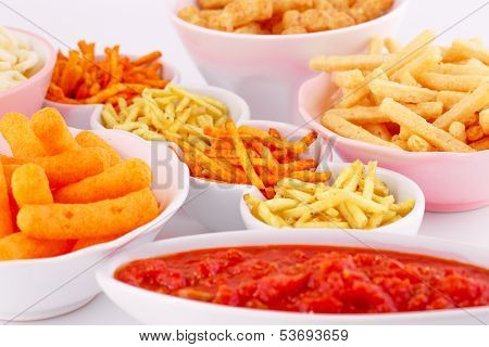 Potato, Corn And Wheat Chips In Bowls