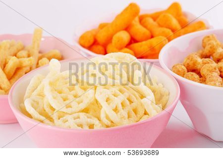 Potato, Corn And Wheat Chips In Bowls