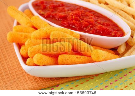 Potato, Corn Chips And Red Sauce