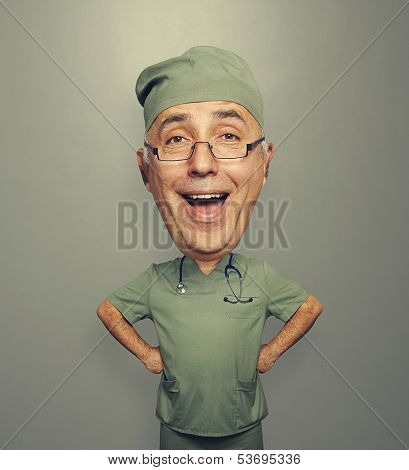 funny picture of bighead excited doctor in glasses over dark background