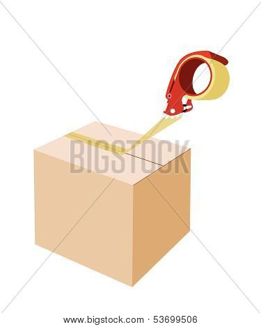 Closing A Cardboard Box With Adhesive Tape Dispenser