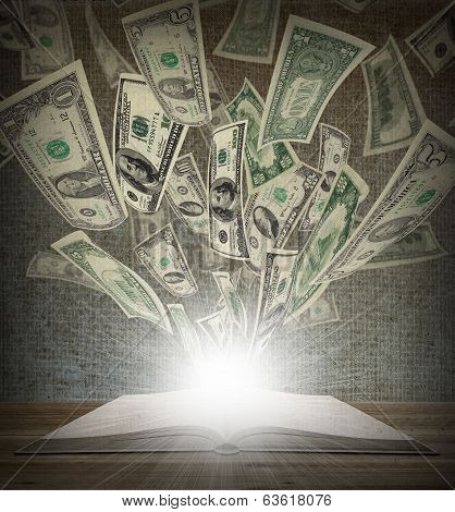 From an open book flied out money