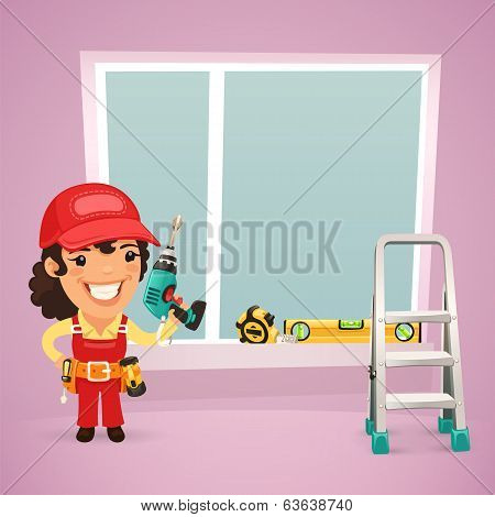 Female Worker Is Installing the Window