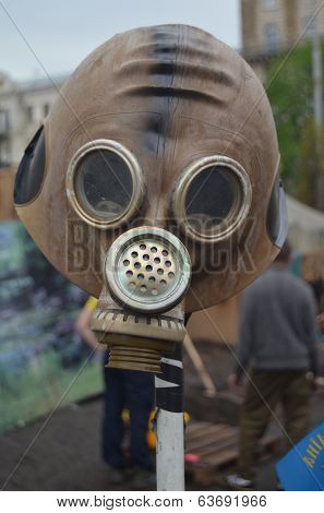 KIEV, UKRAINE - APR 19, 2014: Downtown of Kiev.Camp decoration with military items.Rioters camp.Putsch of Putsch.April 19, 2014 Kiev, Ukraine 