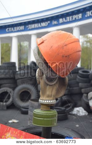 KIEV, UKRAINE - APR 19, 2014: Downtown of Kiev.Camp decoration with military items.Rioters camp.Putsch of Putsch.April 19, 2014 Kiev, Ukraine 