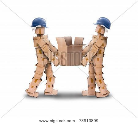 Two workmen lifing a heavy box on a white background