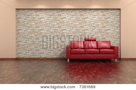 Rode sofa en stenen muur interieur