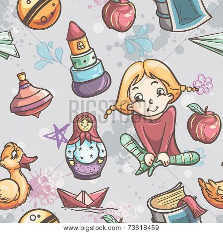 Seamless texture of children's toys for the girls