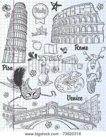 A set of sights in Italy architecture food transportation items. black contour
