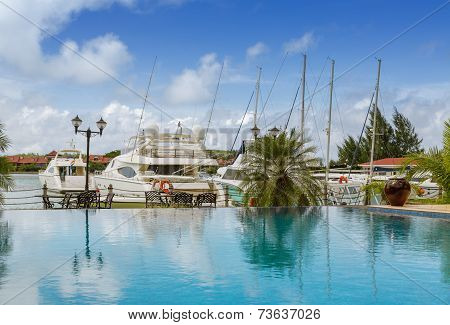 Swimming Pool View At Warf Marina, Seychelles, Mahe